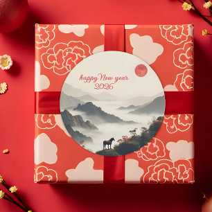 Sticker Rond Année du Cheval 2026 Nouvel An Chinois Montagne
