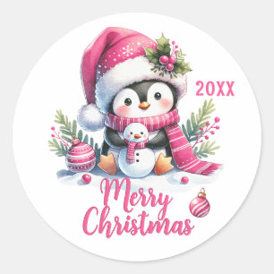 Sticker Rond Année personnalisée Blanc rose amusant pingouin Jo