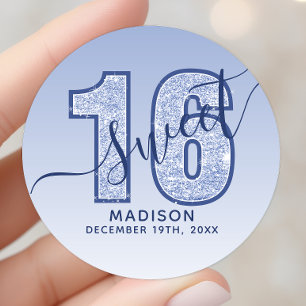 Sticker Rond Anniversaire 16 ans écriture scintillante bleu mar