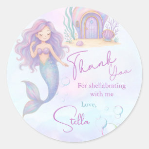 Sticker Rond Anniversaire 1 an fille mer sirène violet sous la