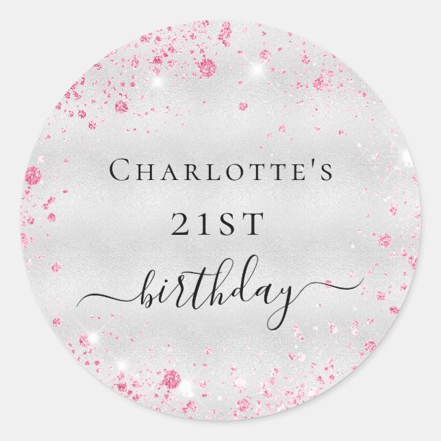 Sticker Rond Anniversaire argent rose parties scintillant monog (Devant)