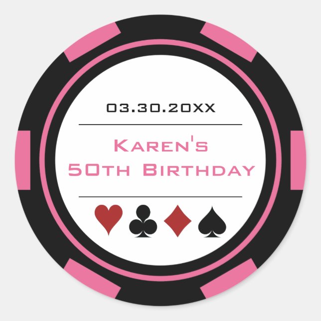 Sticker Rond Anniversaire avec jetons de casino rose et noir (Devant)
