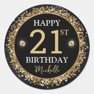 Sticker Rond Anniversaire Confettis Noir et Or Pailletés