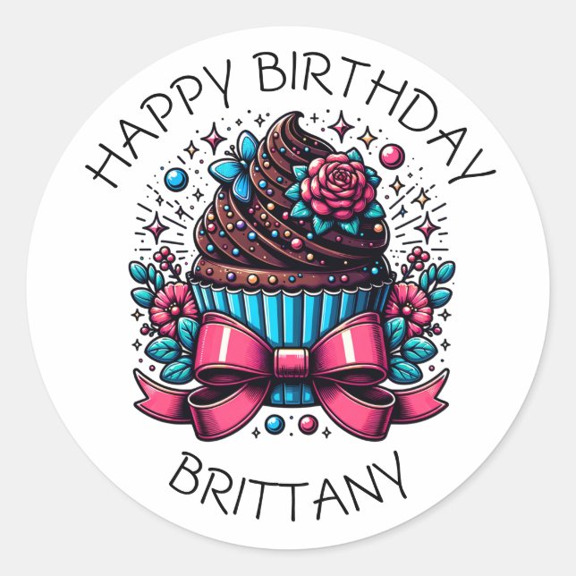 Sticker Rond Anniversaire Cupcake Whimsical Personnalisé (Devant)