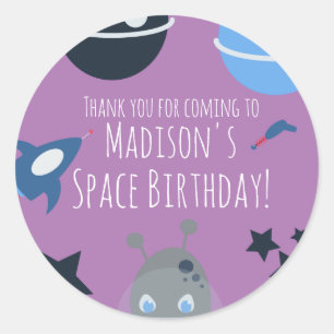 Sticker Rond Anniversaire dans l'espace Thème alien bleu violet