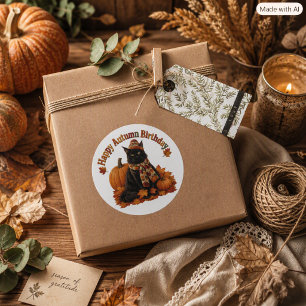 Sticker Rond Anniversaire d'automne Chat noir en chapeau