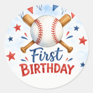 Sticker Rond Anniversaire de 1 an de baseball à l'aquarelle