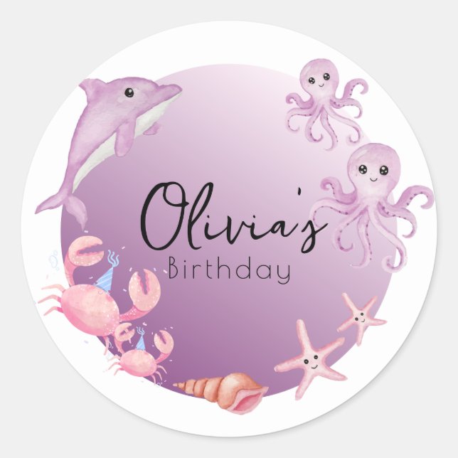 Sticker Rond Anniversaire de dauphins et méduses pourpres (Devant)