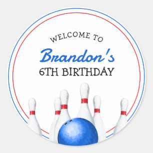 Sticker Rond Anniversaire de enfant amusant Red et Blue Bowling