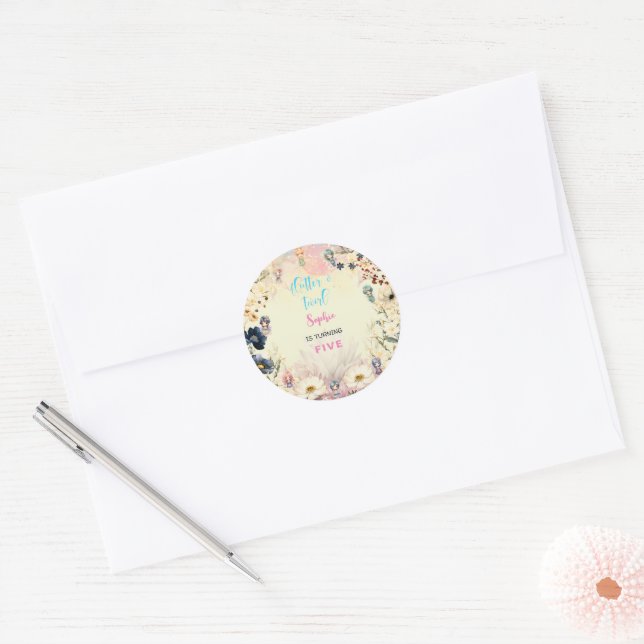 Sticker Rond Anniversaire de enfant d'aquarelle de jardin de fé (Enveloppe)