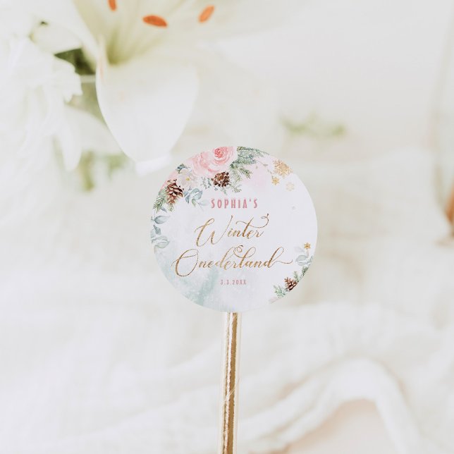 Sticker Rond Anniversaire de fille de l'hiver rose vif (Créateur téléchargé)