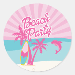 Sticker Rond Anniversaire de la plage rose et des palmiers