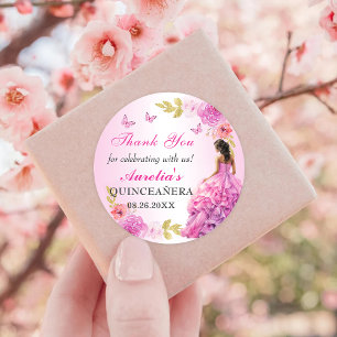 Sticker Rond Anniversaire de Quinceanera à fleurs roses blanche