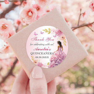 Sticker Rond Anniversaire de Quinceanera à fleurs roses blanche
