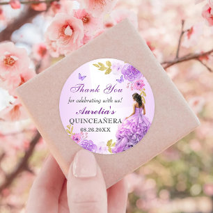 Sticker Rond Anniversaire de Quinceanera à fleurs violettes et 