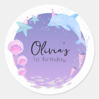 Sticker Rond Anniversaire de sirène de dauphin pourpre
