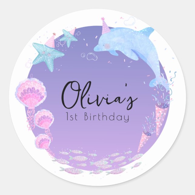 Sticker Rond Anniversaire de sirène de dauphin pourpre (Devant)
