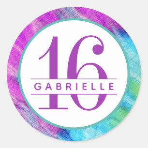 Sticker Rond Anniversaire de Tie Dye 16e anniversaire personnal