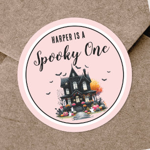 Sticker Rond Anniversaire des 1 an thème Halloween rose Spooky 