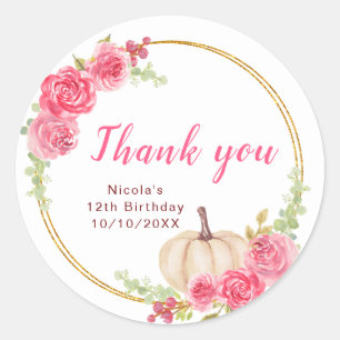 Sticker Rond Anniversaire des Citrouilles de fleurs roses chaud