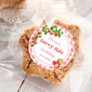 Sticker Rond Anniversaire des fraises roses En vichy
