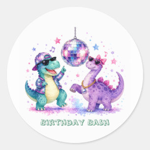 Sticker Rond Anniversaire Dinosaure Disco Aquarelle