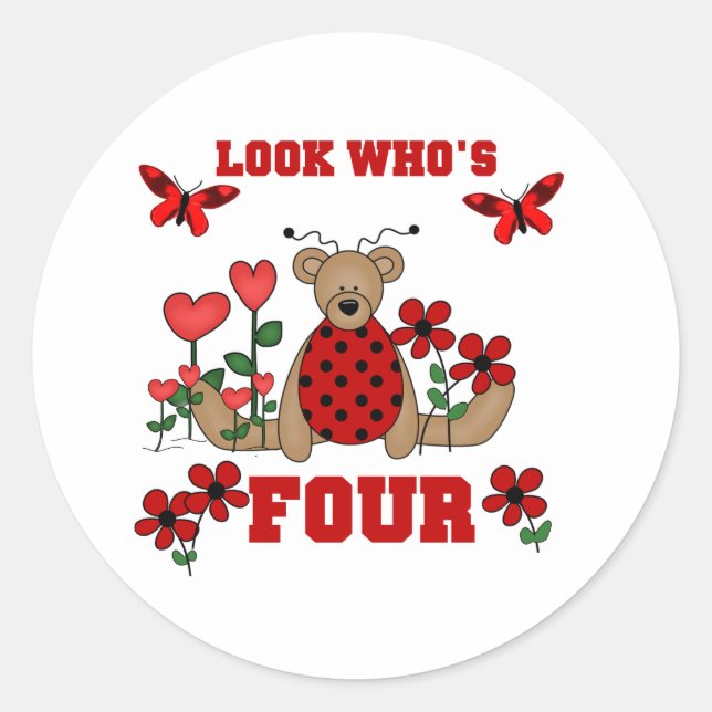 Sticker Rond Anniversaire d'ours de coccinelle 4ème (Devant)