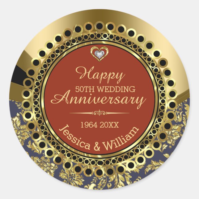 Sticker Rond Anniversaire du 50e Mariage Rouge & Or (Devant)