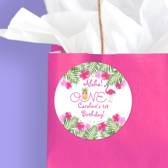 Sticker Rond Anniversaire du Flamant rose tropical Luau (Créateur téléchargé)