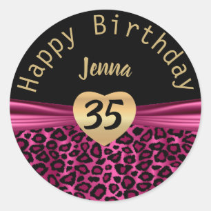 Sticker Rond Anniversaire du léopard noir et rose chaud