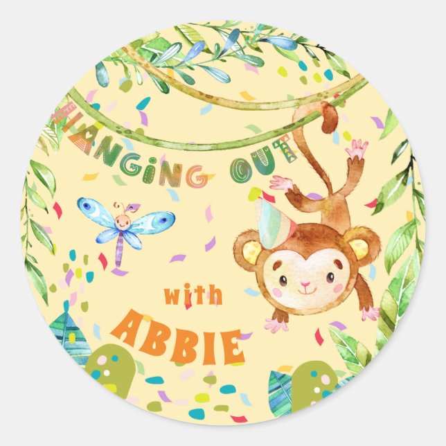 Sticker Rond Anniversaire Du Petit Singe Qui S'Étend (Devant)