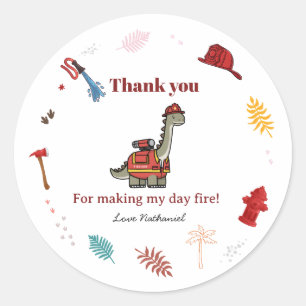 Sticker Rond Anniversaire d'un joli dinosaure pompier rugisseme