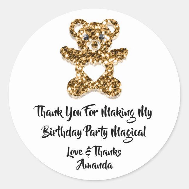 Sticker Rond Anniversaire Faveur Baby shower Coeur Bébé Ours Or (Devant)