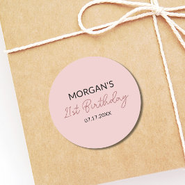 Sticker Rond Anniversaire Fête Blush Pink Nom mignon