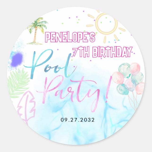 Sticker Rond Anniversaire Fête de Piscine Aquarelle Néon Modern (Devant)