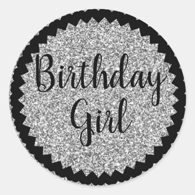 Sticker Rond Anniversaire fille Parties scintillant argent Stic (Devant)