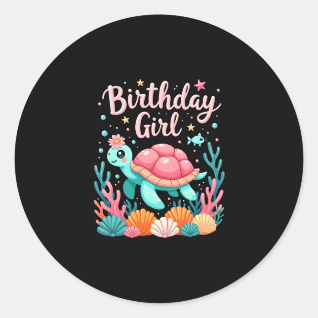Sticker Rond Anniversaire Fille Tortue de mer Thème Anniversair (Devant)