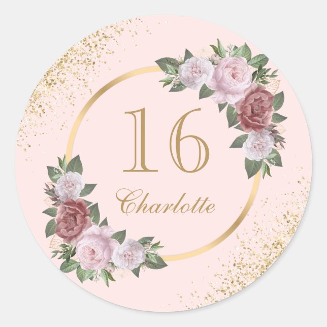 Sticker Rond Anniversaire Fleurie Rose Doré 16 Ans Sucrés (Devant)