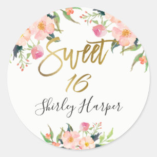 Sticker Rond Anniversaire floral rose du sweet sixteen 16 de