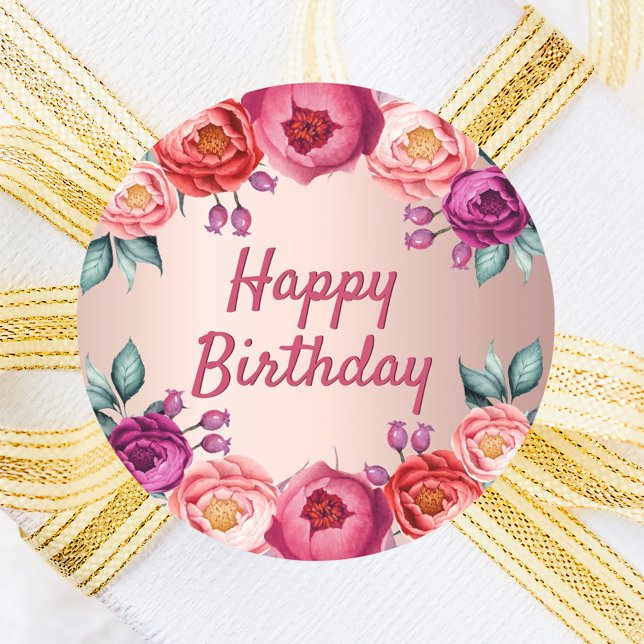 Sticker Rond Anniversaire floral rose or rose rousse rose viole (Créateur téléchargé)