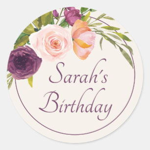 Sticker Rond Anniversaire floral rose violet élégant