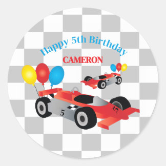 Sticker Rond Anniversaire Garçon Drapeau à Damier Course Automo