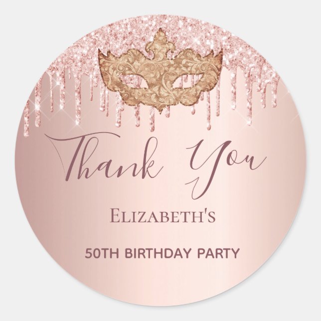 Sticker Rond Anniversaire masqué rose or parties scintillant Me (Devant)