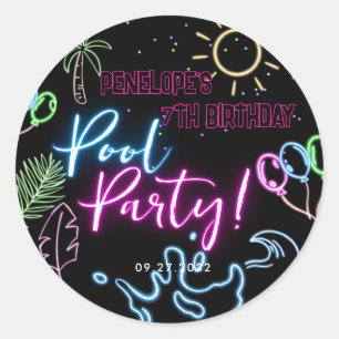 Sticker Rond Anniversaire Moderne Fête au Piscine avec Néon Noi