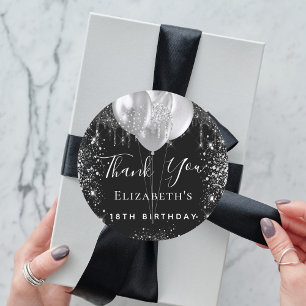 Sticker Rond Anniversaire noir argent parties scintillant nom m