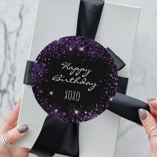 Sticker Rond Anniversaire noir violet parties scintillant pouss