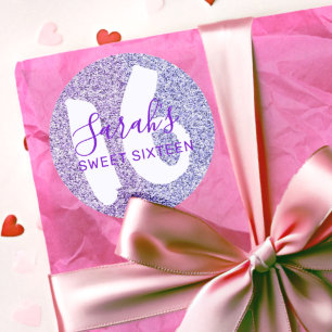 Sticker Rond Anniversaire pailleté Sweet 16 Bleu scintillant