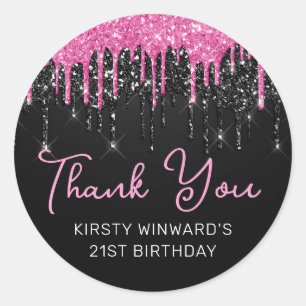 Sticker Rond Anniversaire Paillettes Noires et Rose Chaud qui C