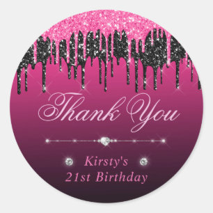 Sticker Rond Anniversaire Paillettes Noires et Roses qui Coulen