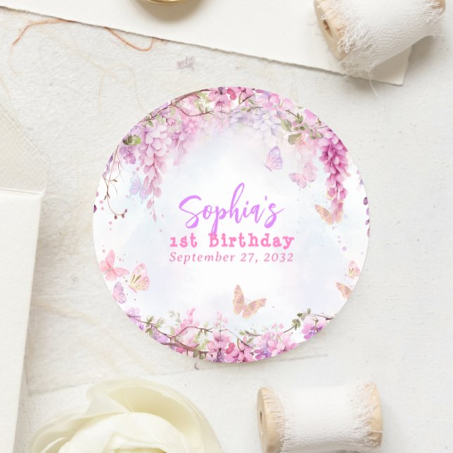 Sticker Rond Anniversaire Papillon Floral Fantaisiste Wisteria (Créateur téléchargé)